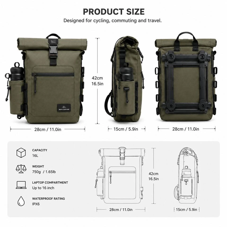 Customized 16L Multi-functional Roll-Top Cycling Laptop Backpack best