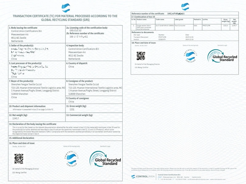 GRS Certification for Green Field sustainable bags GRS Certification for Green Field sustainable bags